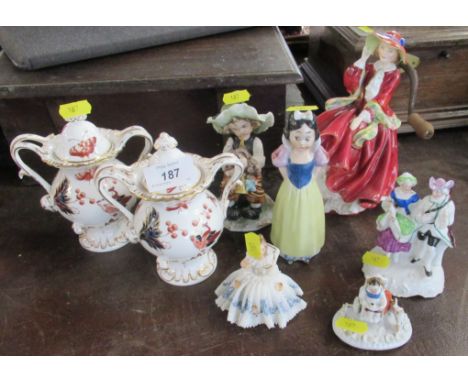A collection of porcelain to include Coalport, Royal Worcester figures, Dresden etc