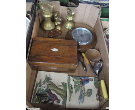 A box of sundries to include Avery weights, tiles, barometer