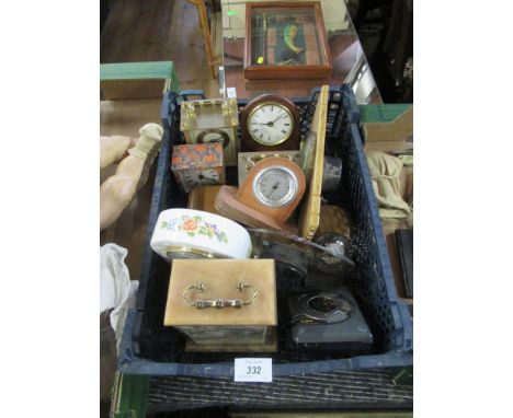 A box of assorted mantel clocks including Aynsley example, London makers, together with a Regwell thermometer&nbsp;