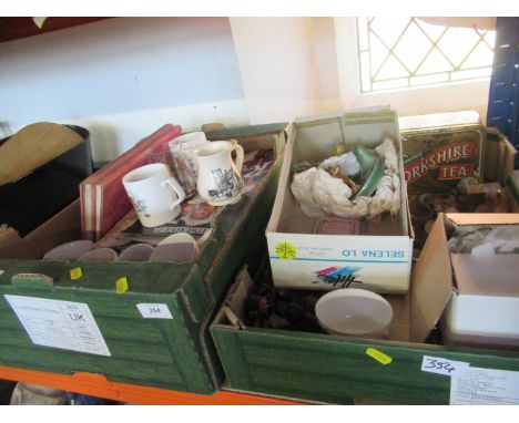 A box of commemorative china and ephemera, and a box of Wade Whimsies