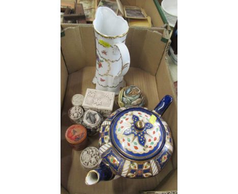 A box of assorted china, to include tea port, German jug, patch boxes etc
