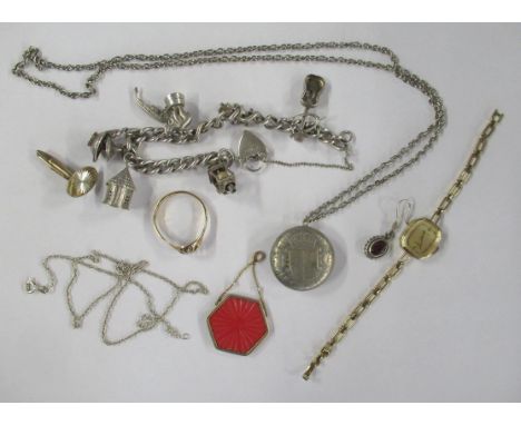 A collection of jewellery, to include a charm bracelet, wrist watch, pendant on chain, ring etc