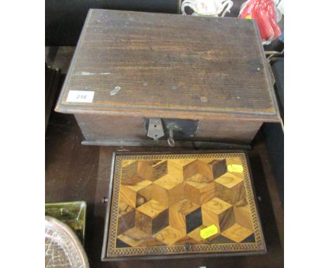 A 19th century box with parquetry decoration with chess pieces, together with another oak box