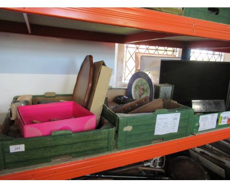 Three&nbsp; boxes of sundries to include African carved figure, carved Royal Army Service pipe rack, Mettick clock, Conroc of