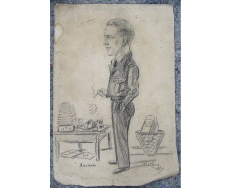 Pat Rooney, pencil caricature, Johnna, full length portrait of a air man in uniform, unframed, 15ins x 10ins