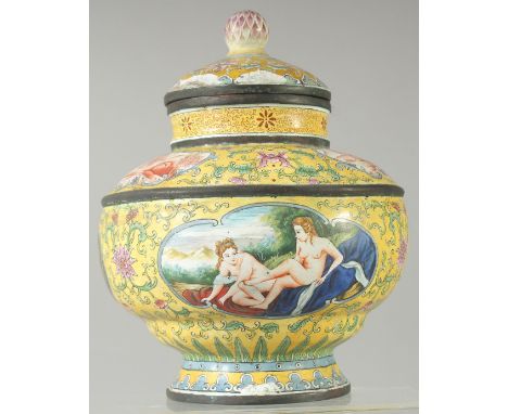 A QING DYNASTY PAINTED ENAMEL COPPER GINGER JAR AND COVER, with panels of European subjects and further decorated with floral