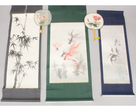 THREE CHINESE SCROLL PAINTINGS, together with two painted fans, (5).