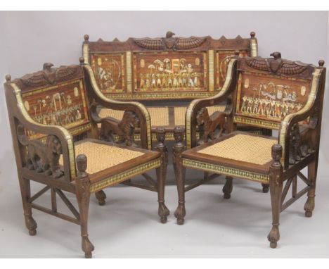 A FINE 19TH CENTURY EGYPTIAN REVIVAL FURNITURE SET; comprising a settee and pair of chairs, inlaid with bone and mother of pe