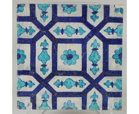 A FINE 18TH-19TH CENTURY INDIAN MULTAN GLAZED POTTERY TILE, 28cm square.