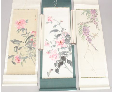 FIVE CHINESE FLORAL SCROLL PAINTINGS ON PAPER, (5).
