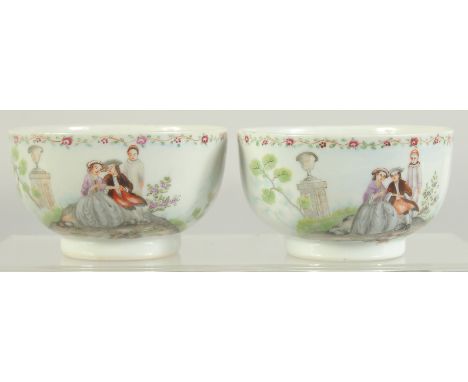 A PAIR OF FAMILLE ROSE PORCELAIN CUPS, with European subjects, cups 8.5cm diameter.
