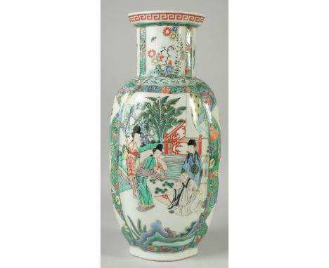 A CHINESE FAMILLE VERTE PORCELAIN QUATREFOIL FORM VASE, possibly Kangxi period, painted with panels of figures and flora, 42.