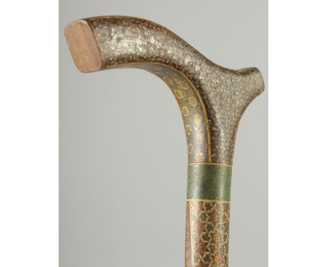 A VERY FINE 19TH CENTURY PERSIAN QAJAR KHATAMKARI MOSAIC BONE INLAID WOODEN WALKING STICK, 89.5cm long.