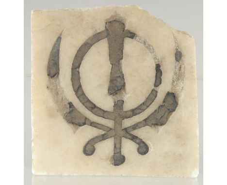 AN UNUSUAL 19TH CENTURY INDIAN INLAID MARBLE TILE, possibly Sikh, 18cm x 17.5cm.