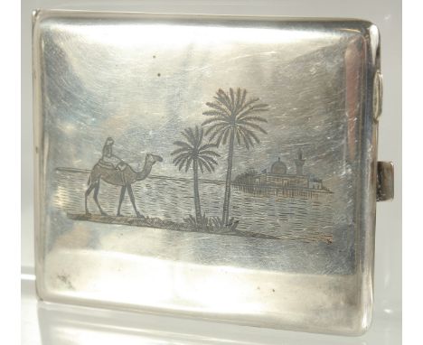 A FINE IRAQI NIELLO SILVER CIGARETTE CASE, 10cm x 8cm.