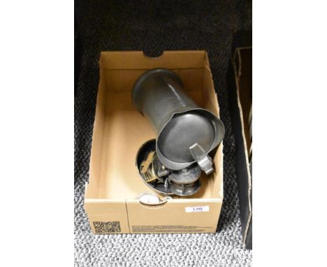 Three early 20th century fishing reels, A compass and a heavy lidded pewter jug.