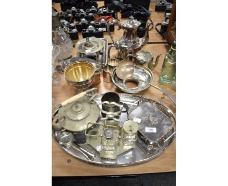 A collection of plated ware and similar, including teapots, ladle, sardine dish, jug, tray etc.