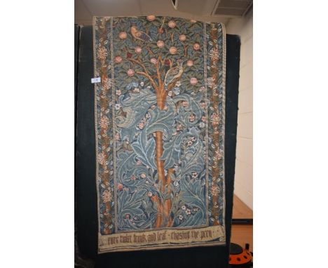 A tapestry wall hanging, having verse and depiction of fruit tree and birds.
Verse to the upper edge reading I once a King an