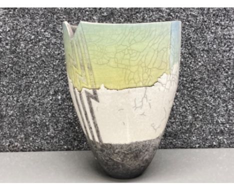 Hand built raku vase signed with lozenge impressed with the letter M 9” high