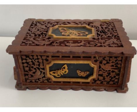 Vintage wooden hand carved sewing box with contents