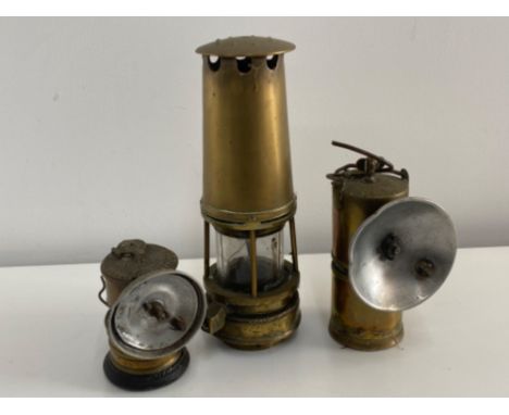 Vintage brass miners lamp &amp; 2x car/railway lamps