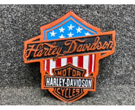 Cast metal Harley Davidson USA flag plaque