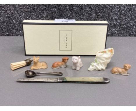 Jo Malone box with four Lammemuir design dogs, mini porcelain planter, silver and mother of pearl fruit knife and silver must