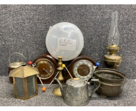 Two oak cased clocks, biscuit barrel, brass candlestick and planter, 1960s Sputnik coat hooks, brass oil lamp etc