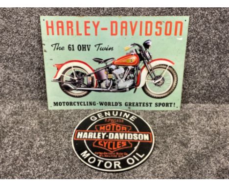 Cast metal Harley Davidson motor oil plaque together with a vintage metal Harley Davidson advertising sign