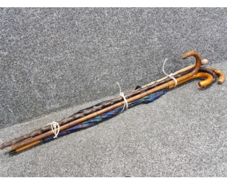 Bundle of vintage walking sticks &amp; umbrella, 1 with silver collar