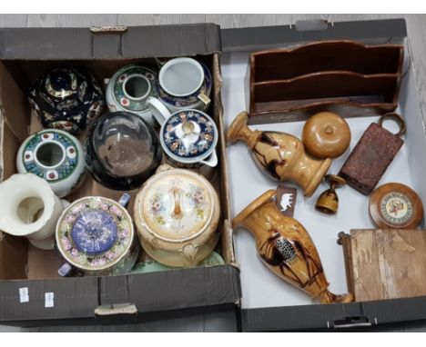 2x boxes of miscellneous wooden &amp; ceramic items including letter rack, vases, large hand made two tone glass egg etc