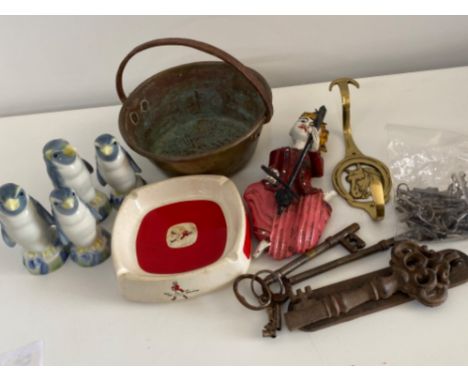 Tray lot comprising of brass jam pan, carved Oriental musician, penguin decanters &amp; miscellaneous keys etc