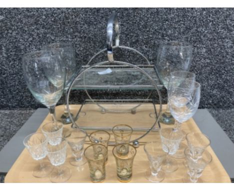 Tray of Art Deco chrome and glass sandwich or cake stand with various other glass including four Festival of Britain glasses