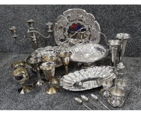 Tray of mixed vintage silver plated items including goblets, trays, cruet set &amp; candelabra etc