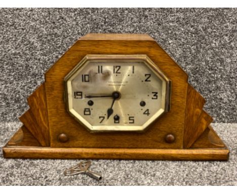 Solid Oak mantle clock by the Northern Goldsmiths, with key &amp; pendulum