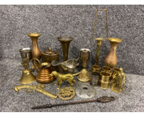 Selection of vintage copper &amp; brass ware including vases, bells &amp; dog ornament etc