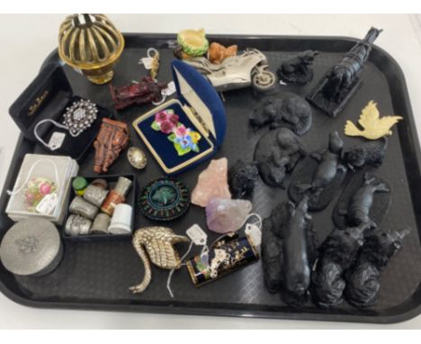 Mixed tray lot - includes coal ornaments, misc vintage costume brooches, thimbles etc