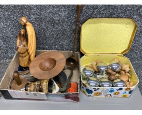 Fine tray of treen and other items including tins, horn beaker with glass vase and a quantity of door and drawer handles