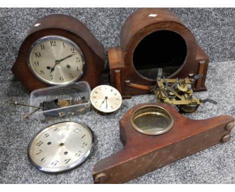 Box containing mantle clock parts including keys, pendulum, cases &amp; clock faces, also includes working &amp; complete mah