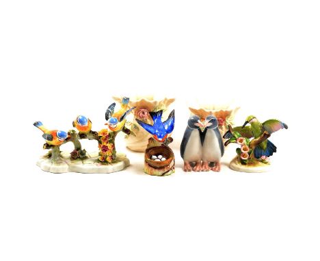 Royal Adderley Birds; Three blue tits on a branch, Hummingbird, American Blue Bird; Belleek, two cream and pink roses pots, R