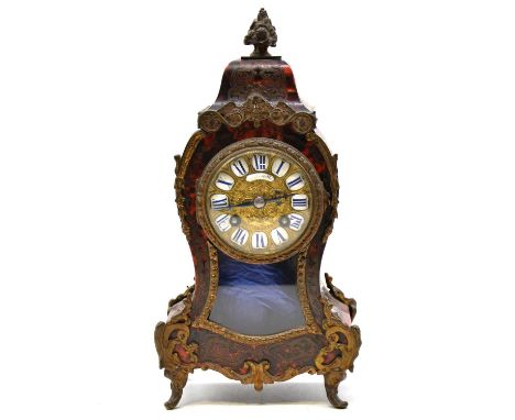 French boulle mantel clock, brass mounted, gilt metal and enamelled dial, cylinder movement striking on a gong stamped A.D. M