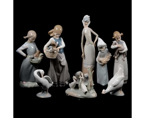 Collection of Lladro and Nao figurines including five Lladro figures and three Nao, including Lladro group of girl holding a 