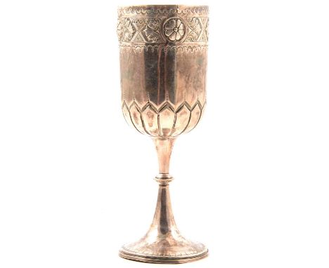 Victorian silver goblet, George Unite, Birmingham 1878, chased and embossed band, 17cm.Condition report:Weight - 3.4oz. There