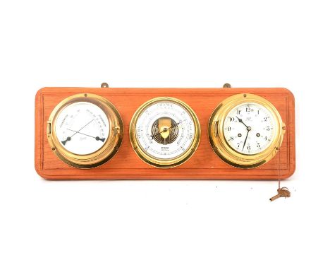 Schatz Midi-Marimer clock, barometer and thermometer, all mounted on a hardwood panel, 19x53cm.Condition report:The clock is 