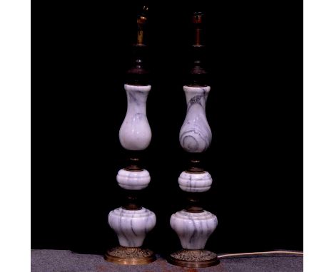 Pair of marble and brass baluster form lamp bases, with grey variegated marble sections, overall height 65cm.Qty: 2