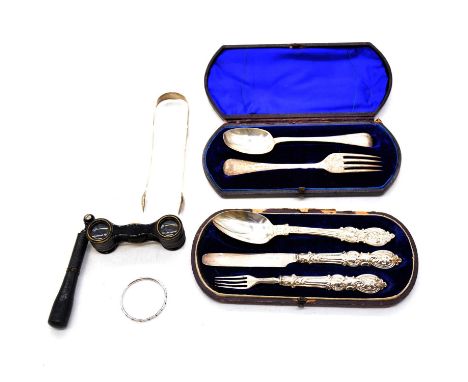 Silver three piece christening set, Aaron Hadfield, Sheffield 1852, cased (defective), a silver two piece christening set, ca