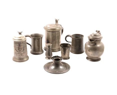 Swedish pewter tankard, incorporating a portrait medallion to the lid, 22cm; and other items of pewter. (8)