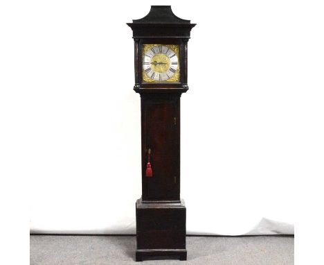 Oak cased longcase clock, pagoda top hood, long door, bracket feet, 28cm square brass dial with silvered chapter ring and cas