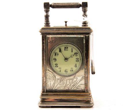 Carriage clock, silver plated case with beaded outlines, dial with engraved slip, repeating movement striking on a gong, 15cm