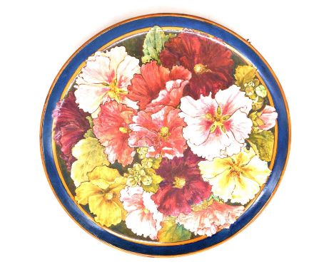 Charlotte Spiers for Minton, an earthenware plate painted with Hollyhocks, with two exhibition labels for Howell &amp; James,